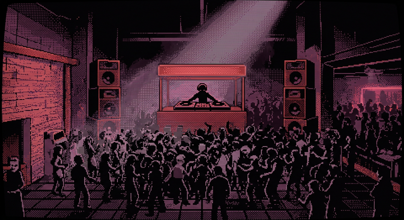 Pixel-art scene of a dark club with a DJ behind two decks and a dancing crowd